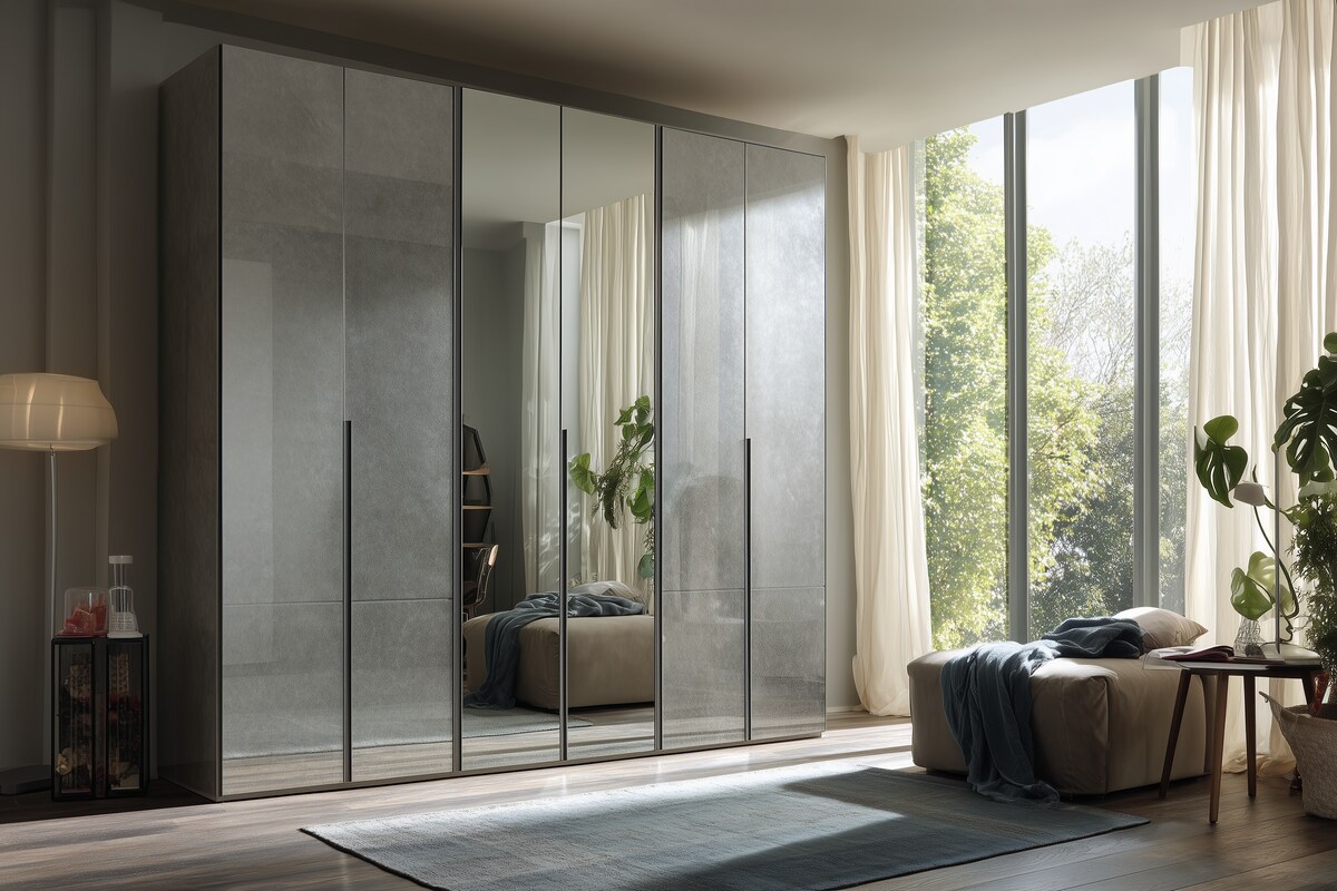 Modern Silver 4-Door Swing Wardrobe Design with Full-Length Mirror Modern Silver 4-Door Swing Wardrobe Design with Full-Length Mirror