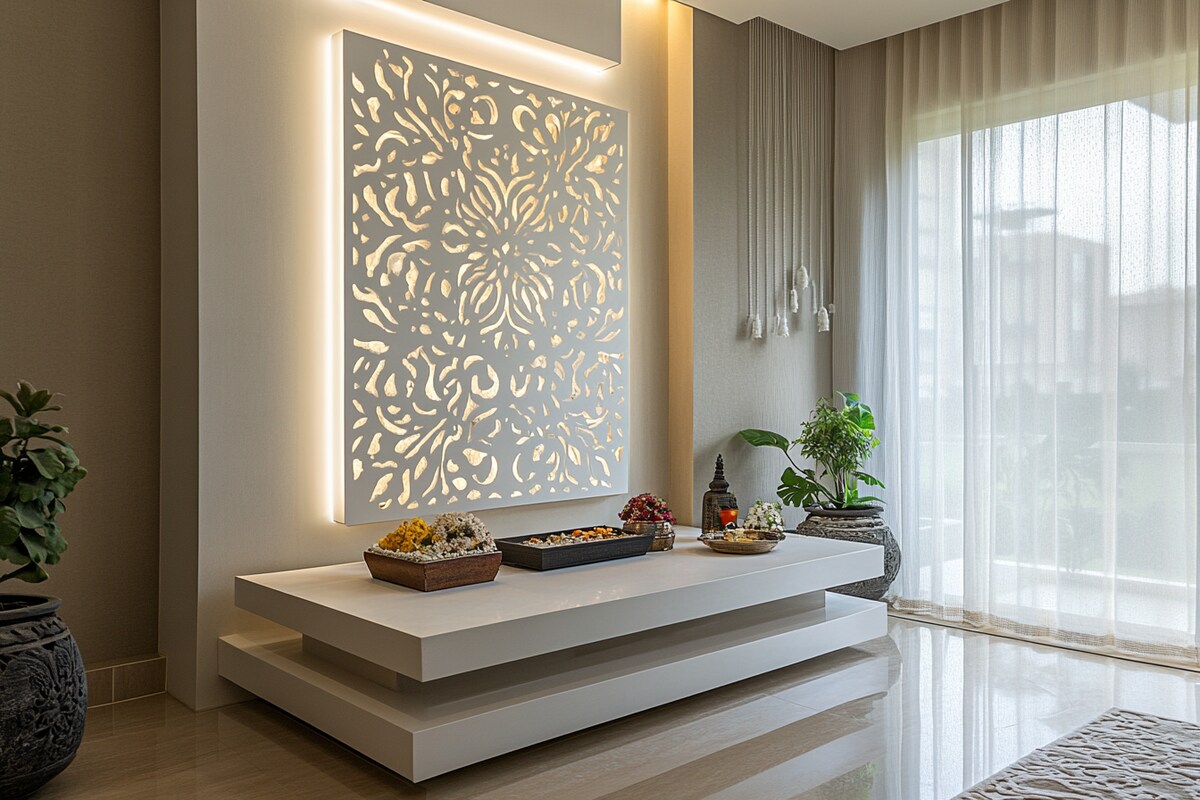 Modern Silver Frost And White Pooja Room Design With White CNC-Cut Back Panel Modern Silver Frost And White Pooja Room Design With White CNC-Cut Back Panel