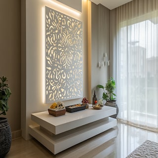 Modern Silver Frost And White Pooja Room Design With White CNC-Cut Back  Panel