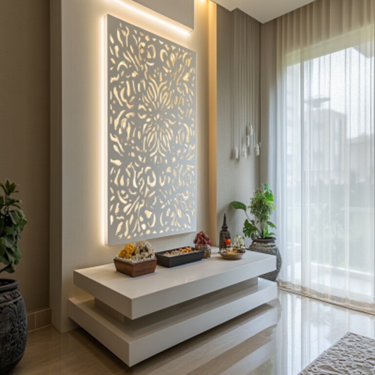 Modern Silver Frost And White Pooja Room Design With White CNC-Cut Back  Panel