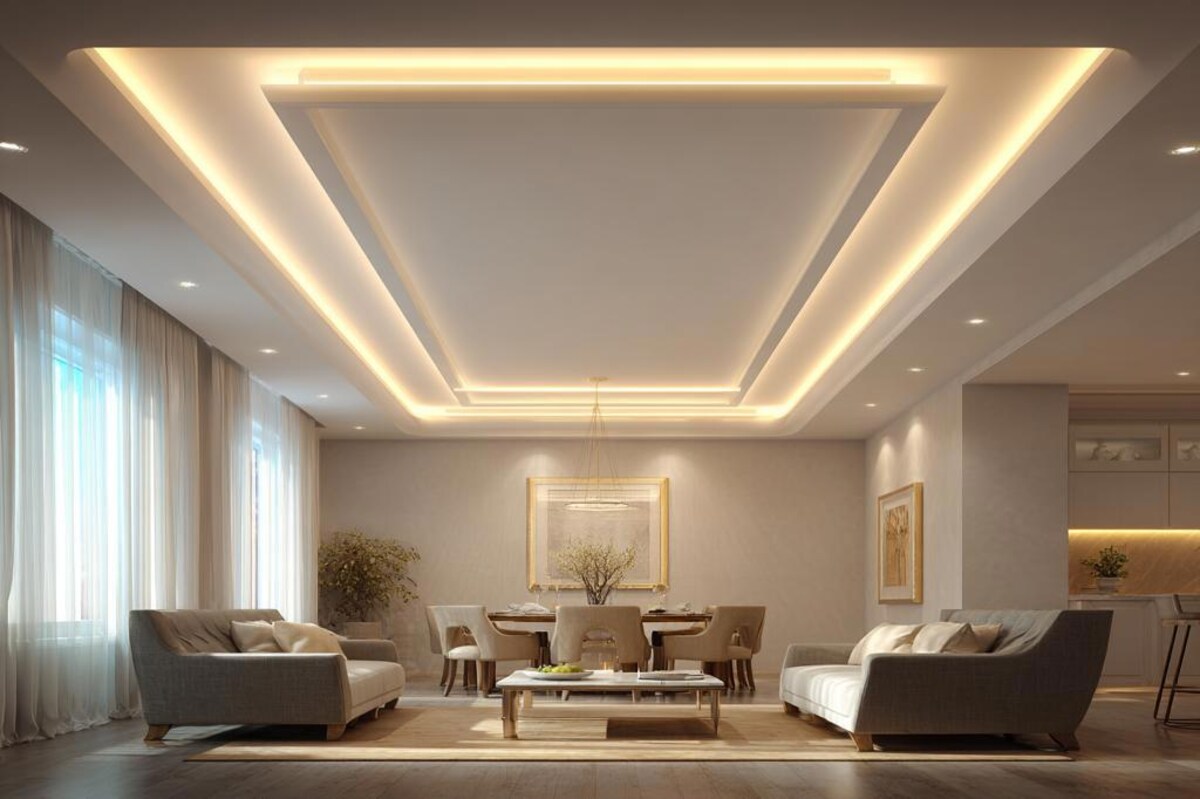 Modern Single Layer Gypsum False Ceiling Design with Cove Lighting and Rectangular Shape