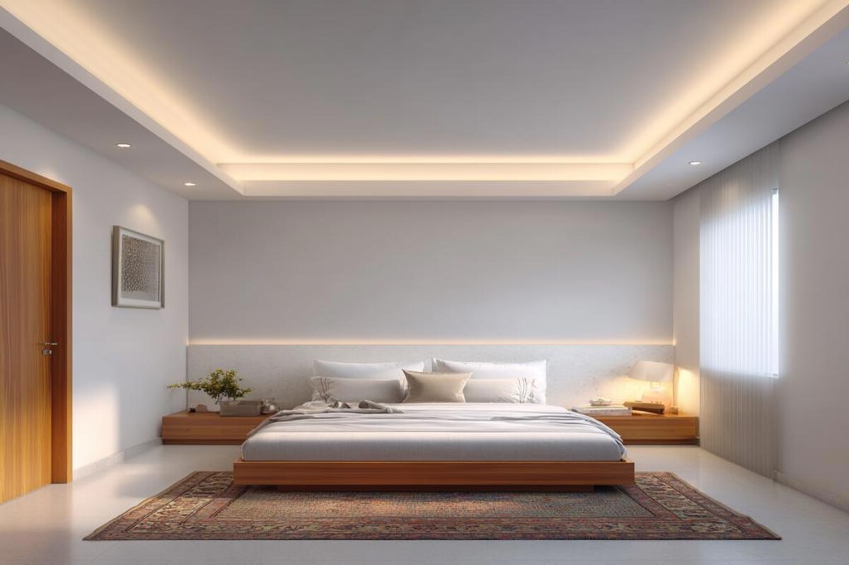 Modern Single Layer Gypsum False Ceiling Design with Strip Lighting and Painted Finish