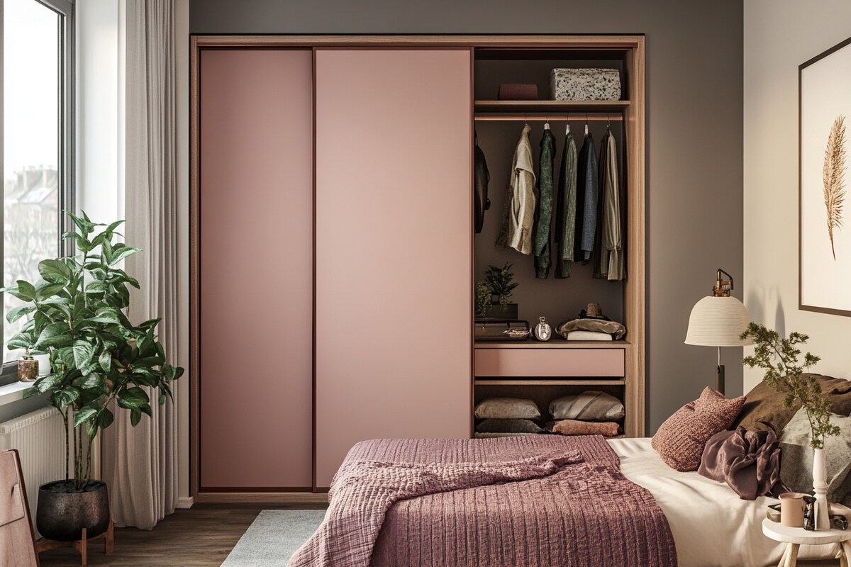 Modern Sliding Wardrobe Design in Rose Granium Suede Finish Modern Sliding Wardrobe Design in Rose Granium Suede Finish