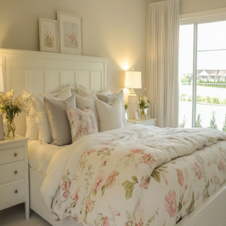Modern Soft-Toned Master Bedroom Design with Floral Accents