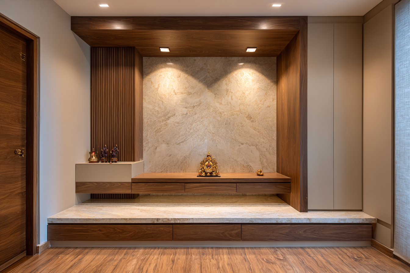 Curated visual reference: Picture Idea: Modern Spacious Mandir Design With Textured Wallpaper