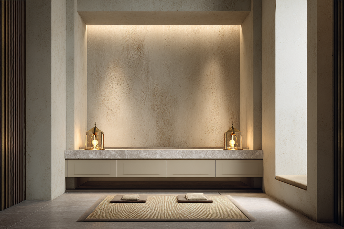 Curated visual reference: Visual Reference: Modern Spacious Pooja Room Design With Beige Textured Wall
