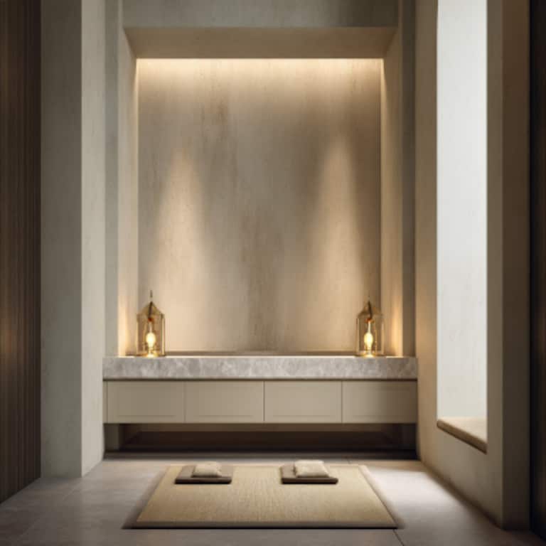 Modern Spacious Pooja Room Design With Beige Textured Wall