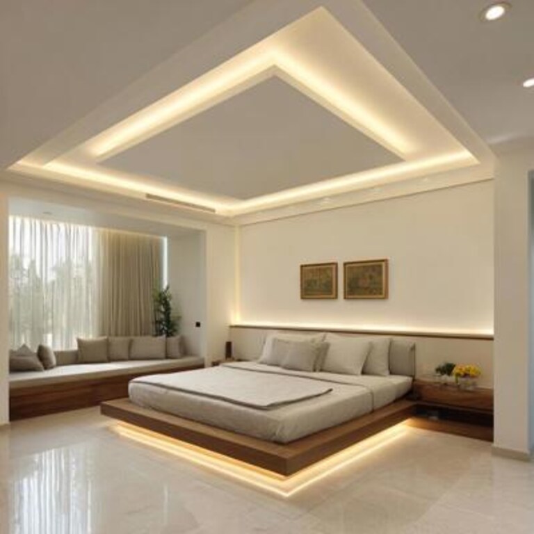 Modern Square Single Layer False Ceiling Design with Cove Spot and Profile Lights Modern Square Single Layer False Ceiling Design with Cove Spot and Profile Lights