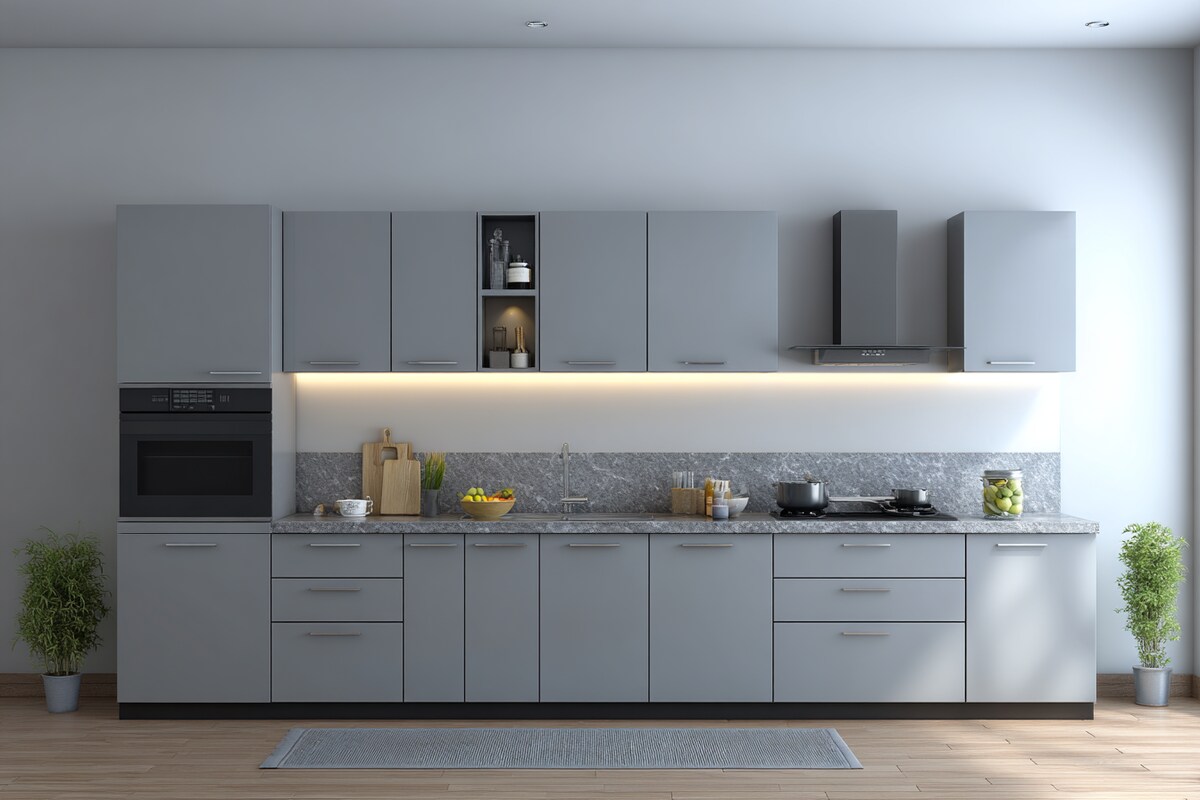 Modern Straight Kitchen Design With Matte Cabinets and Grey Granite Top Modern Straight Kitchen Design With Matte Cabinets and Grey Granite Top