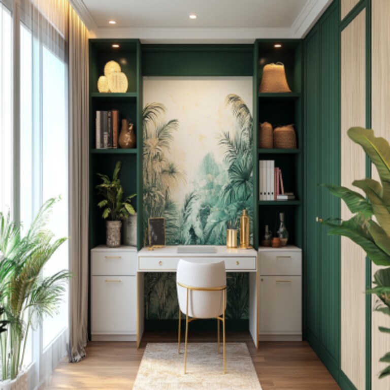 Modern Study Room Design With Emerald Green Wallpaper Modern Study Room Design With Emerald Green Wallpaper