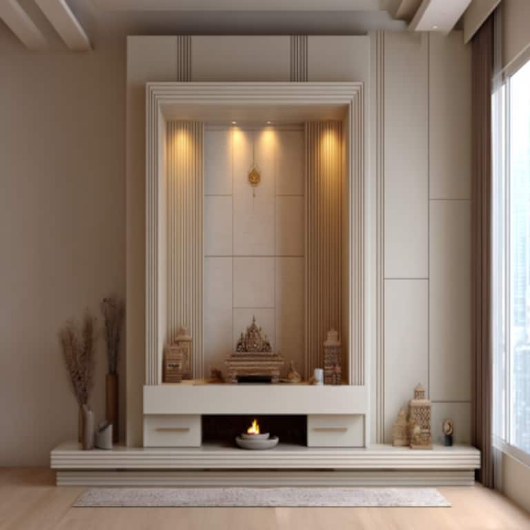 Modern Style Compact Mandir Design With Beige Backdrop