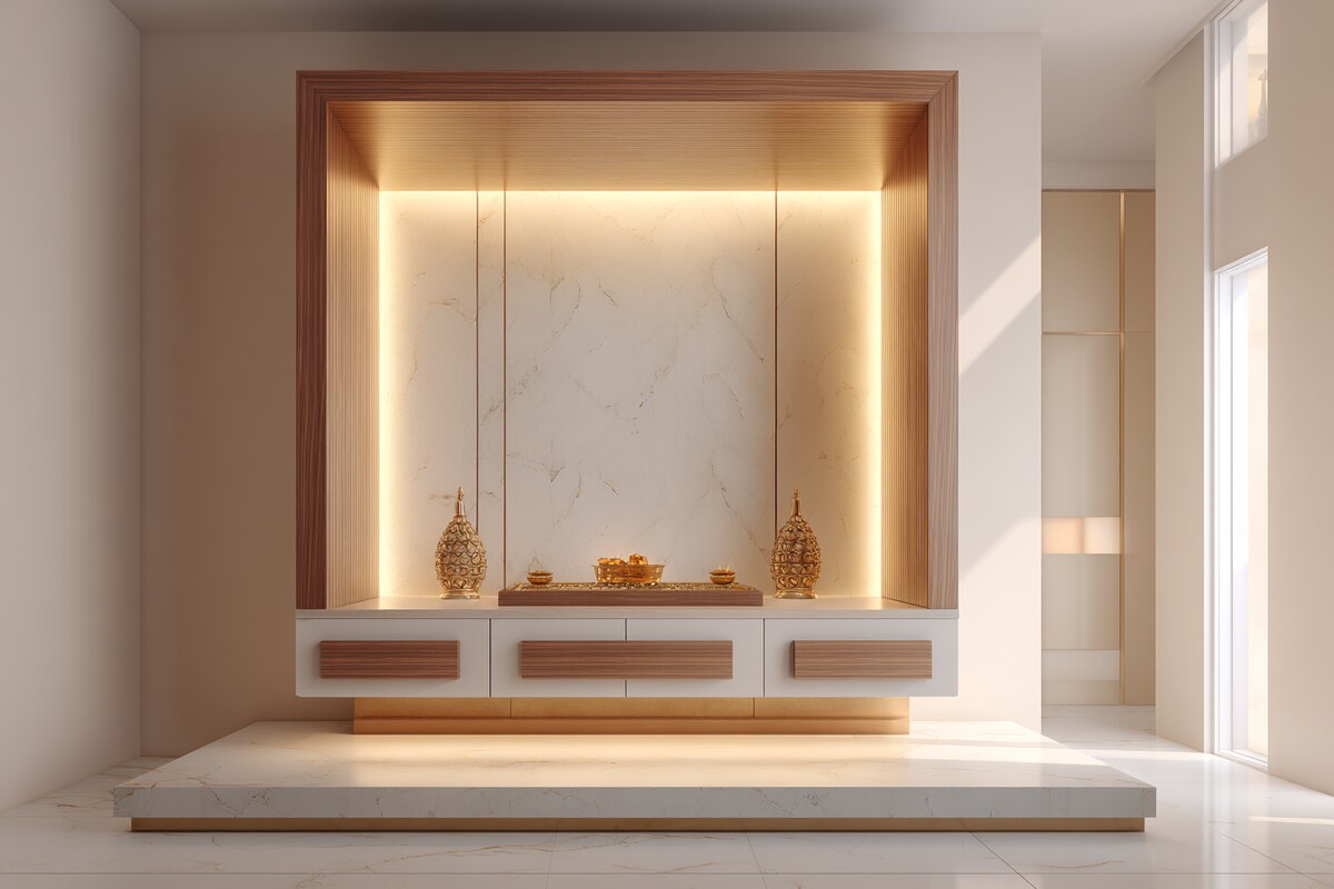 Modern Style Pooja Room Design With LED Lights