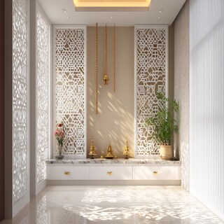 Modern Style Pooja Room Design With White Jali