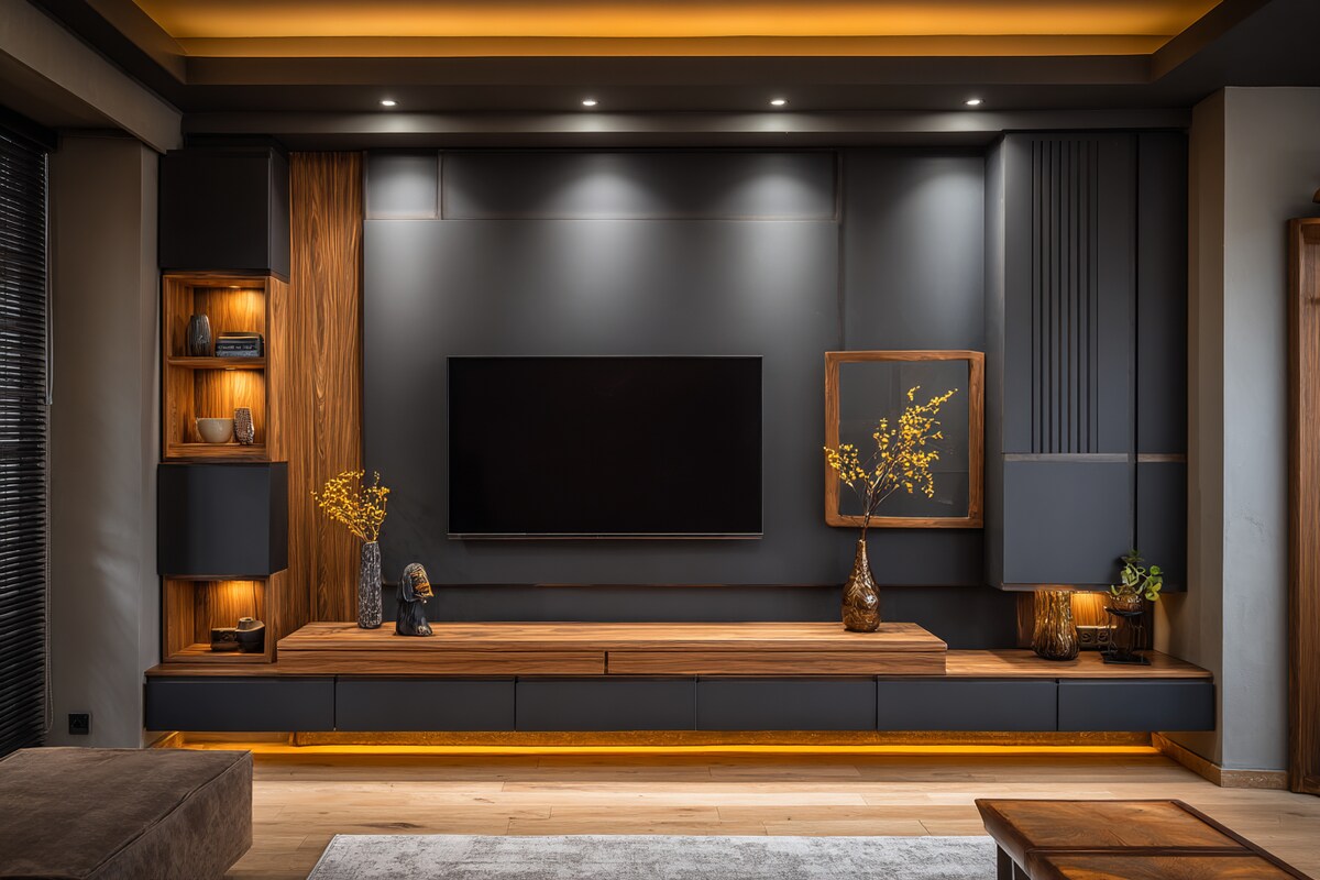 Modern TV Unit Design in Black with Wood Highlights