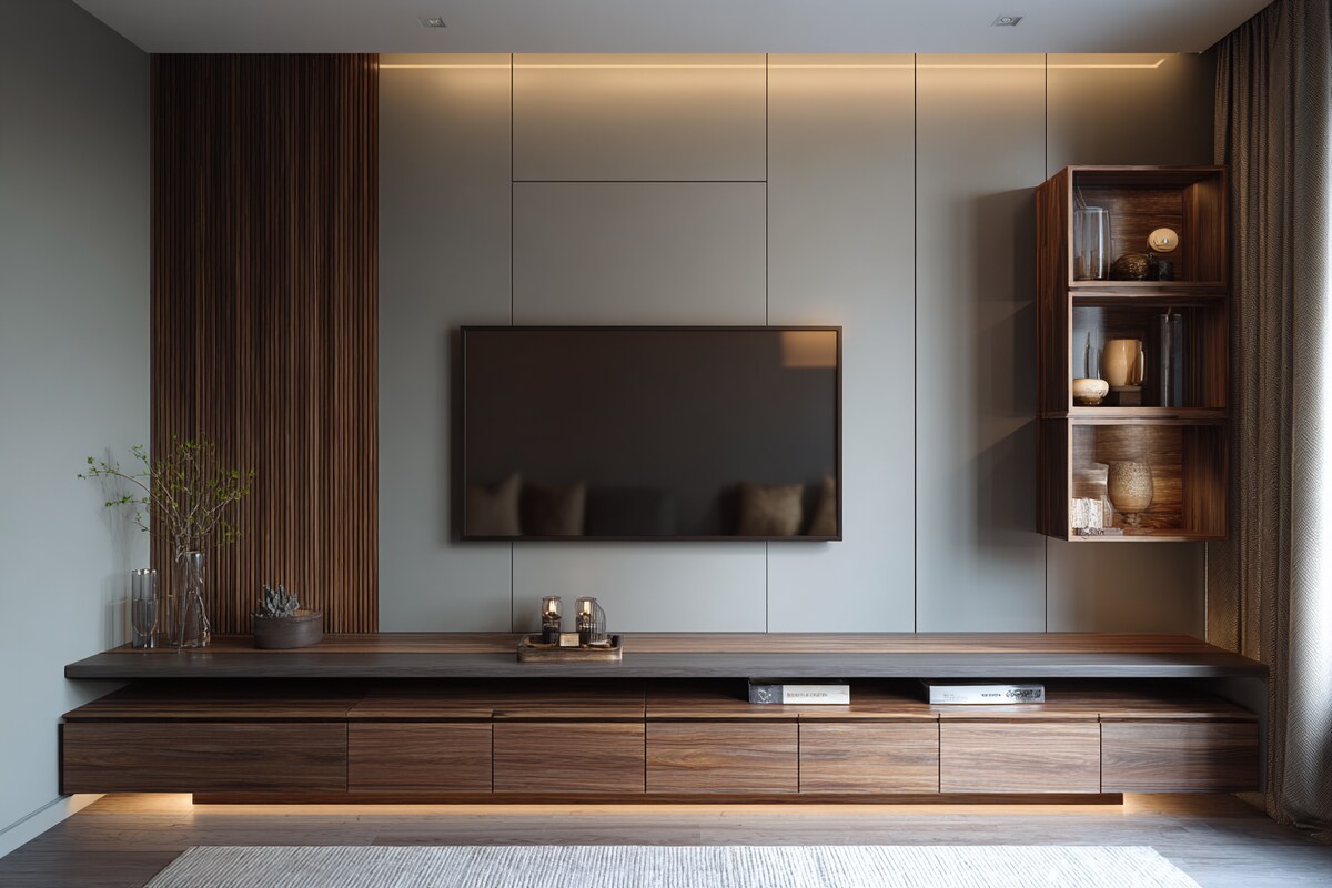 Modern TV Unit Design in Brown and Grey with Drawers