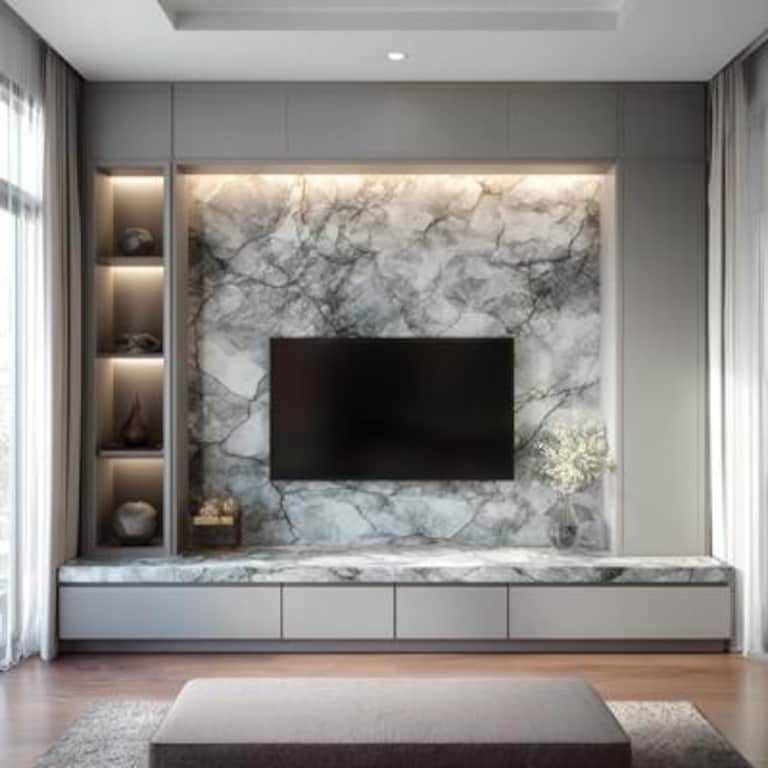 Modern TV Unit Design in Grey with Marble Back Panel