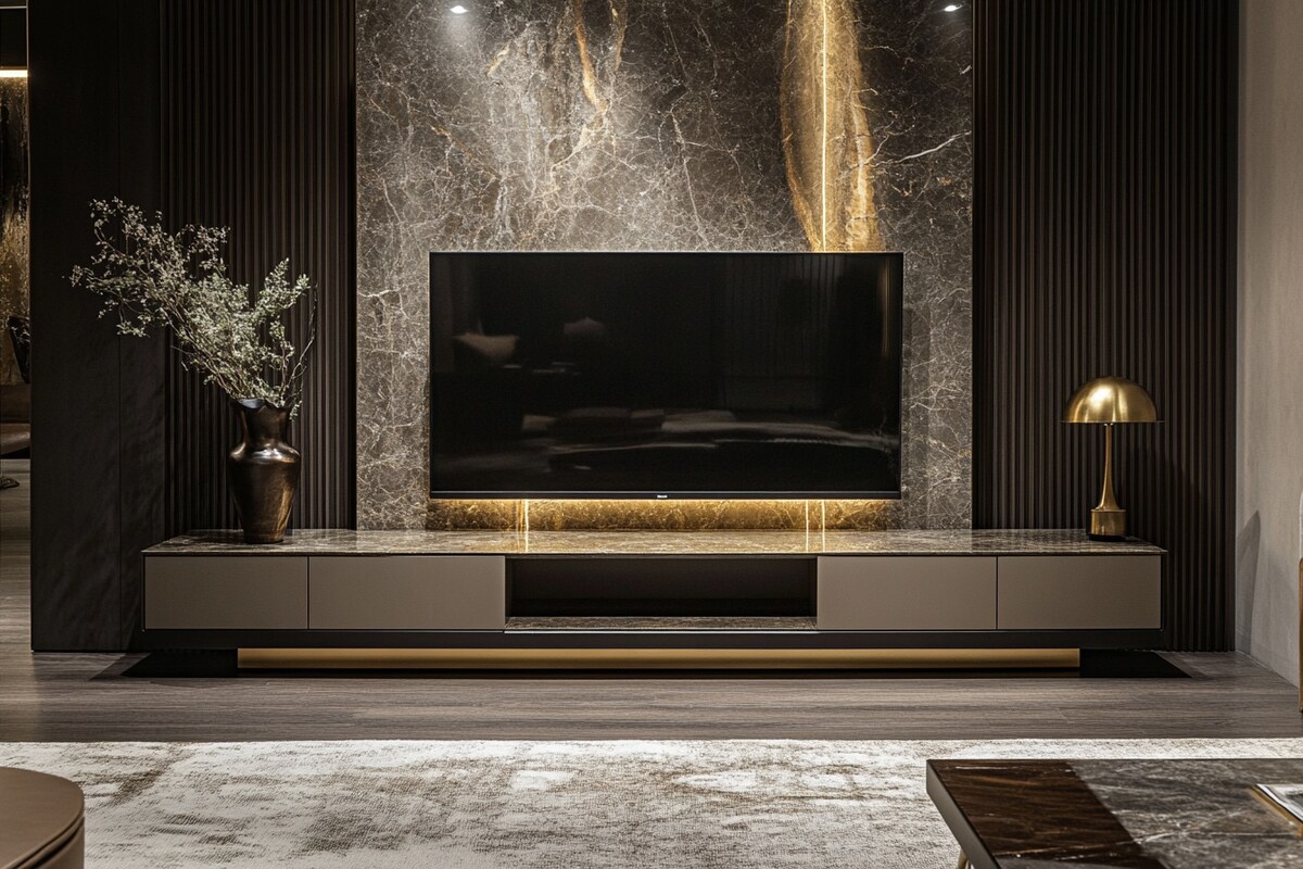 Modern TV Unit Design With A Splashed Marble Backdrop Modern TV Unit Design With A Splashed Marble Backdrop