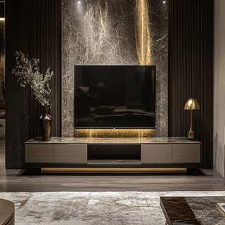 Modern TV Unit Design With A Splashed Marble Backdrop