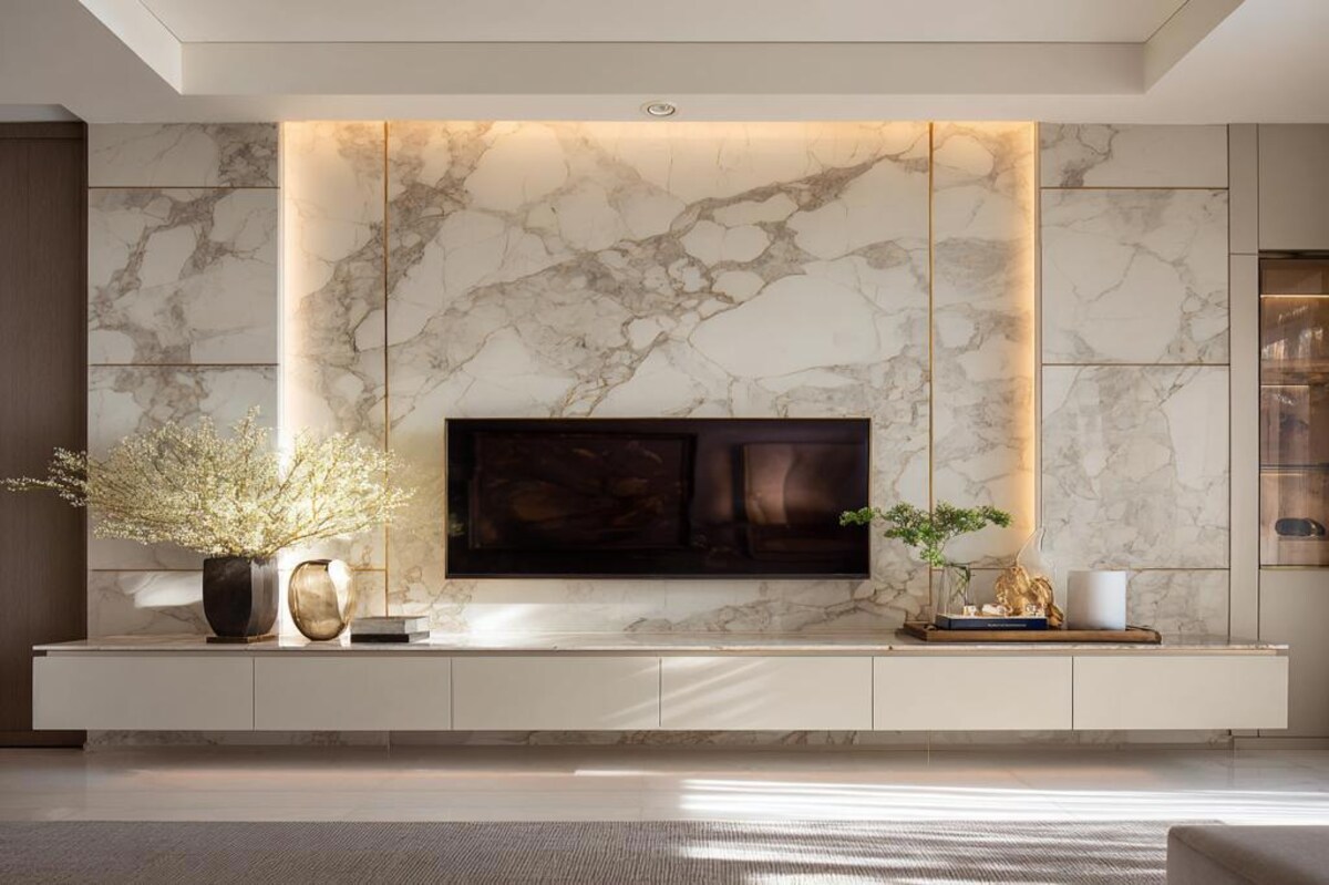 Modern TV Unit Design with Marble Backdrop and Brass Accents Modern TV Unit Design with Marble Backdrop and Brass Accents