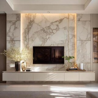 Modern TV Unit Design with Marble Backdrop and Brass Accents