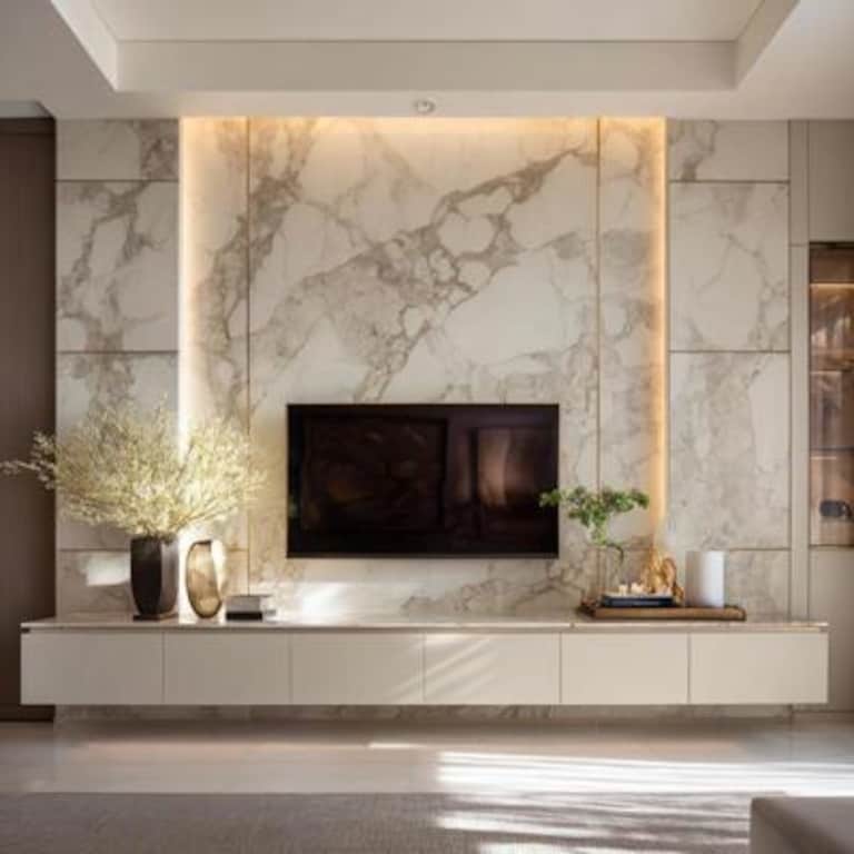 Modern TV Unit Design with Marble Backdrop and Brass Accents