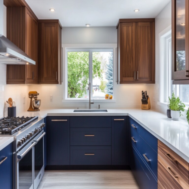 Modern U-Shaped Kitchen Design in Blue and Frosty Acacia with Quartz Countertop