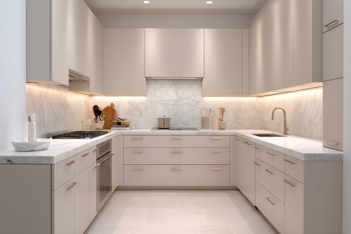 Modern U-Shaped Kitchen Design in Light Beige with Marble Backsplash and Quartz Countertops
