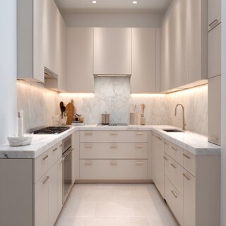 Modern U-Shaped Kitchen Design in Light Beige with Marble Backsplash and Quartz Countertops