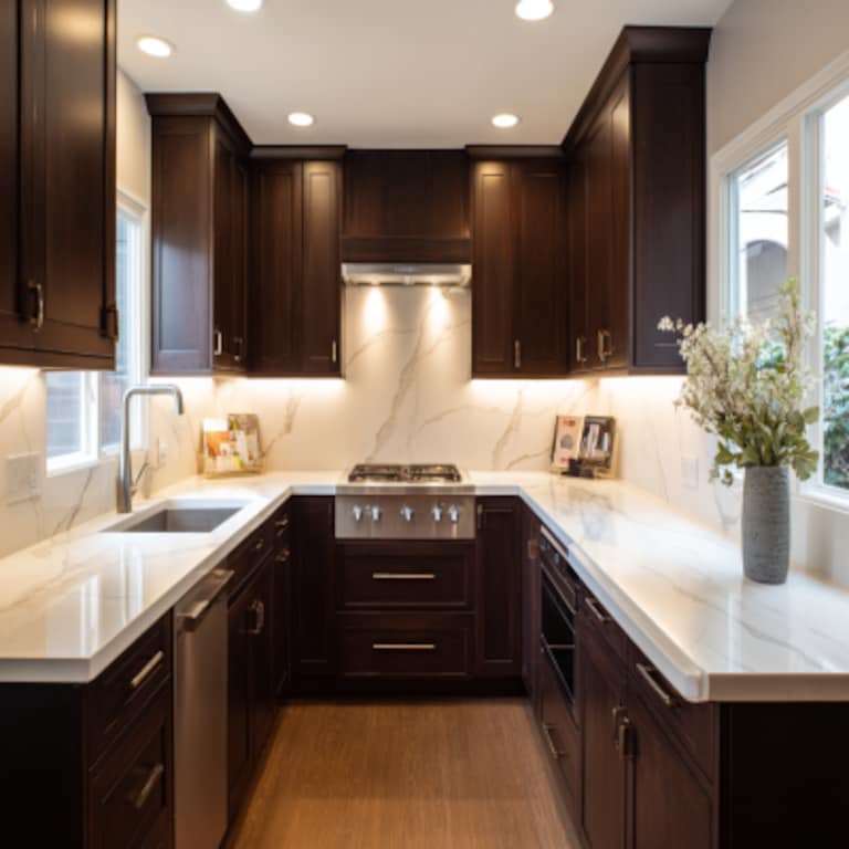 Modern U-Shaped Kitchen Design in Matte Walnut Suede Finish with Quartz Countertops