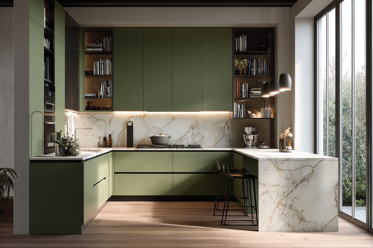 Modern U-Shaped Kitchen Design in Mentolo Green With Quartz Countertop Modern U-Shaped Kitchen Design in Mentolo Green With Quartz Countertop