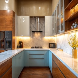 Celestial Blue Modern Open Kitchen Design with Glossy Cabinets and Quartz