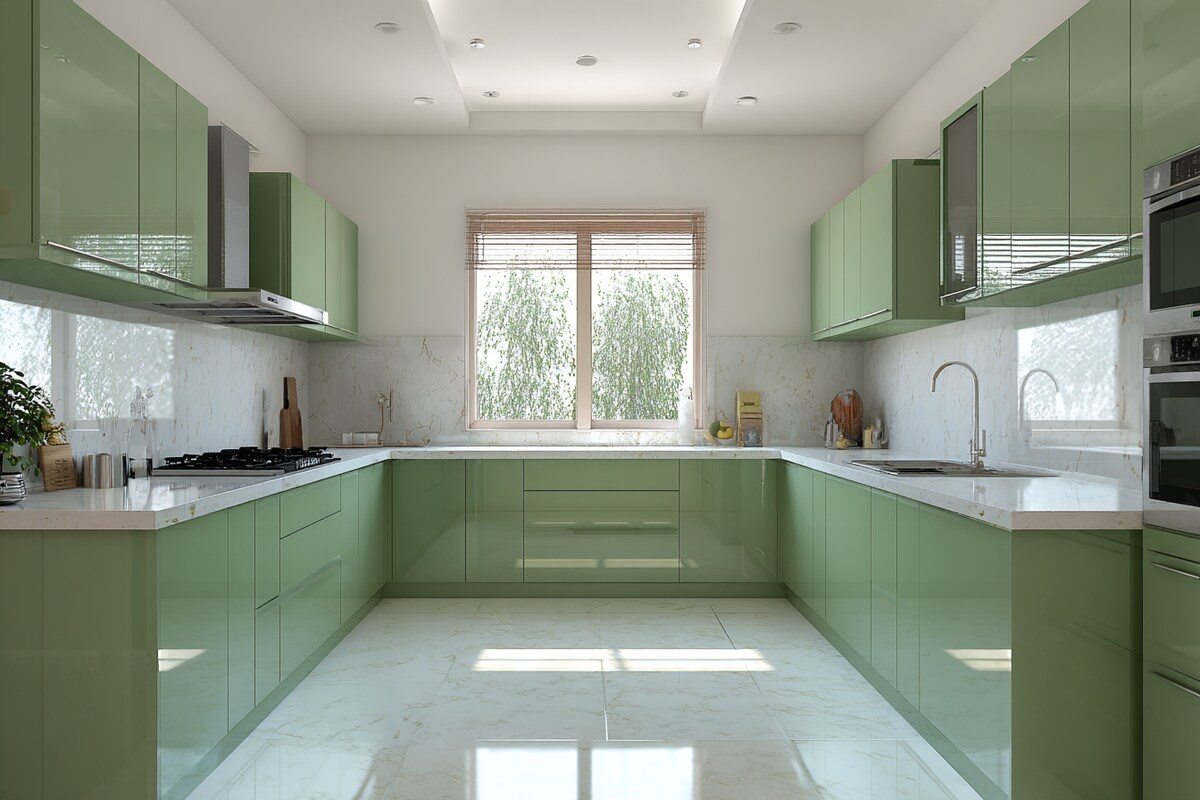 Modern U-Shaped Kitchen Design with Glossy Green Cabinetry Modern U-Shaped Kitchen Design with Glossy Green Cabinetry