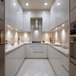 Modern White and Silver L Shape Kitchen Design with Granite Countertop