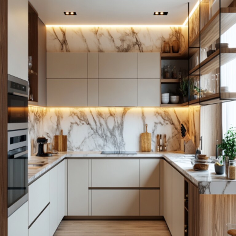 Modern U-Shaped Kitchen Design With Marble-Effect Backsplash