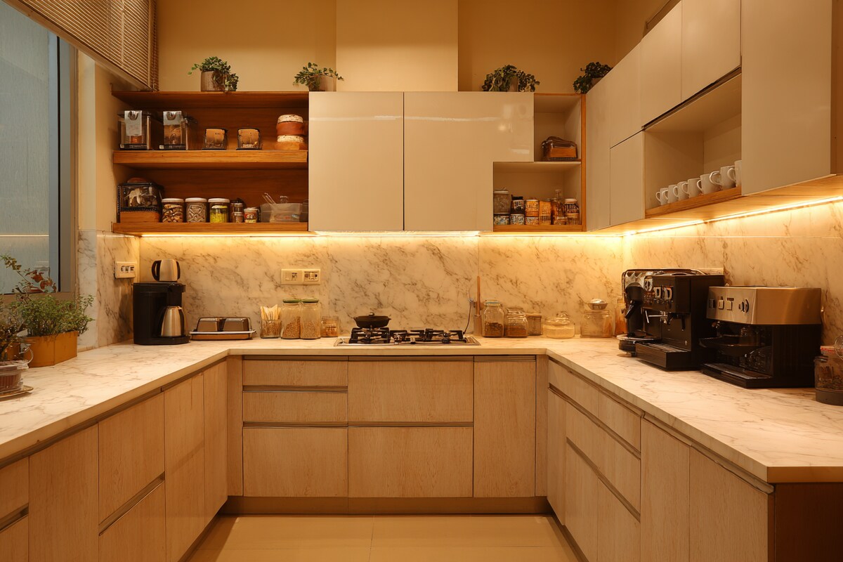 Modern U-Shaped Kitchen Design with Open Shelving and Coffee Station Modern U-Shaped Kitchen Design with Open Shelving and Coffee Station