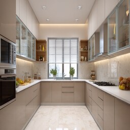 Contemporary U-Shaped Kitchen Design With Glossy Cabinets and Quartz ...