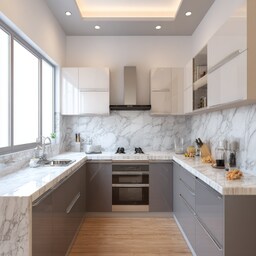 Modern Blue and White Modern Island Kitchen Design With Marble Touch