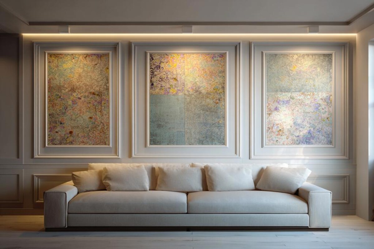 Modern Wall Design with Trims Panel and Multicolor Wallpaper