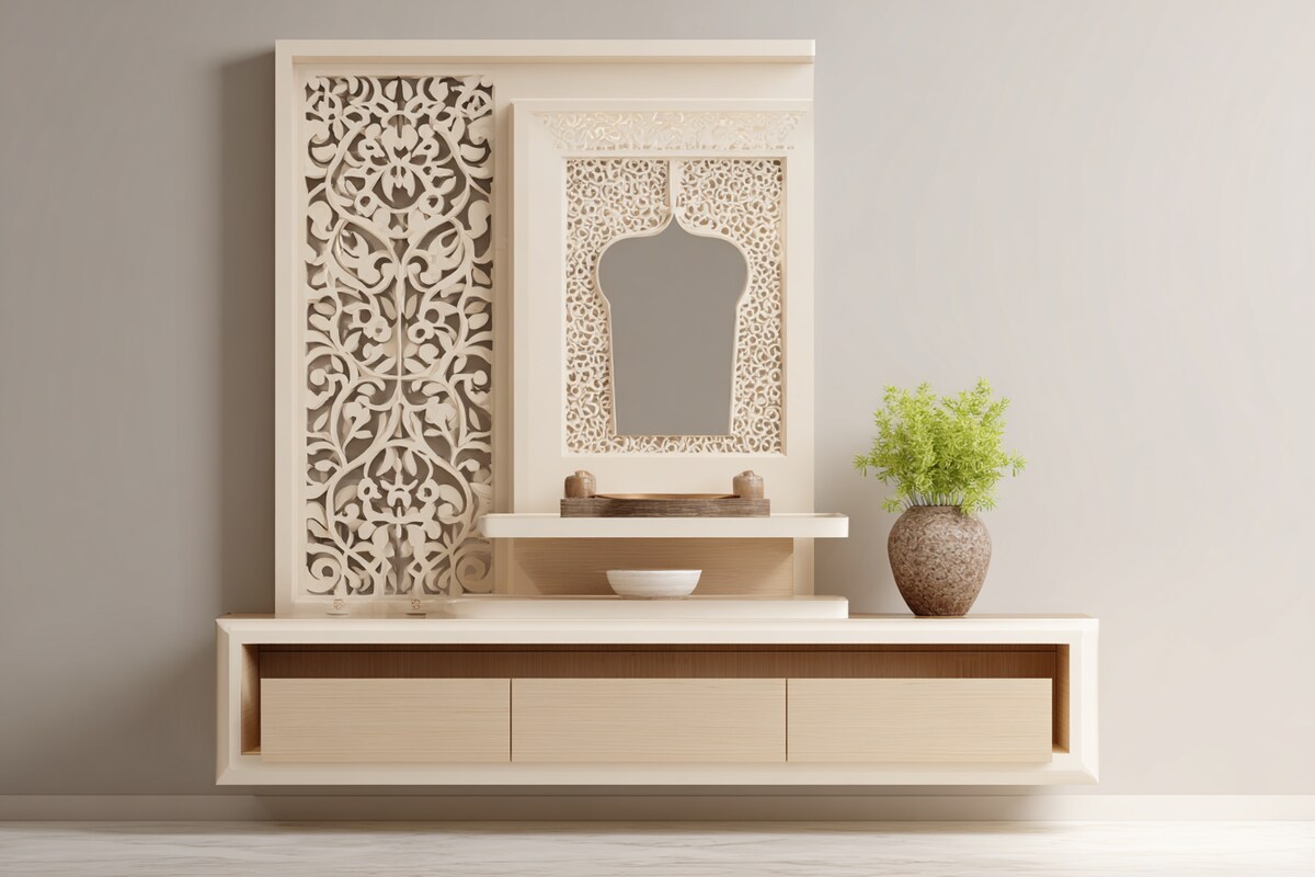 Modern Wall-Mounted Mandir Design With Beige Drawer Storage And CNC-Cut Side Panels Modern Wall-Mounted Mandir Design With Beige Drawer Storage And CNC-Cut Side Panels