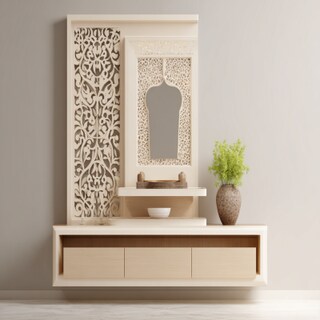Modern Wall-Mounted Mandir Design With Beige Drawer Storage And CNC-Cut Side Panels
