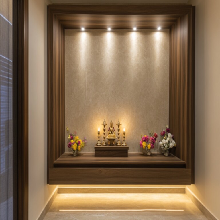 Modern Wall-Mounted Pooja Unit Design in Walnut Bronze Finish