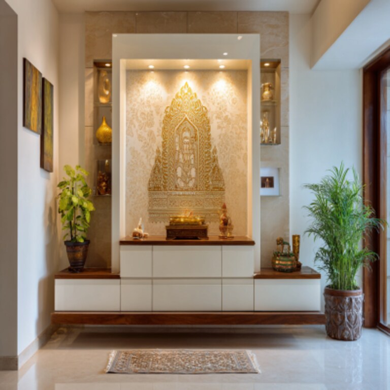 Modern Wall-Mounted Pooja Unit Design on White Finish