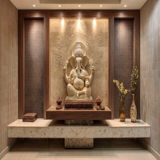 Modern Wall-Mounted Pooja Unit Design with Ganesha Mural