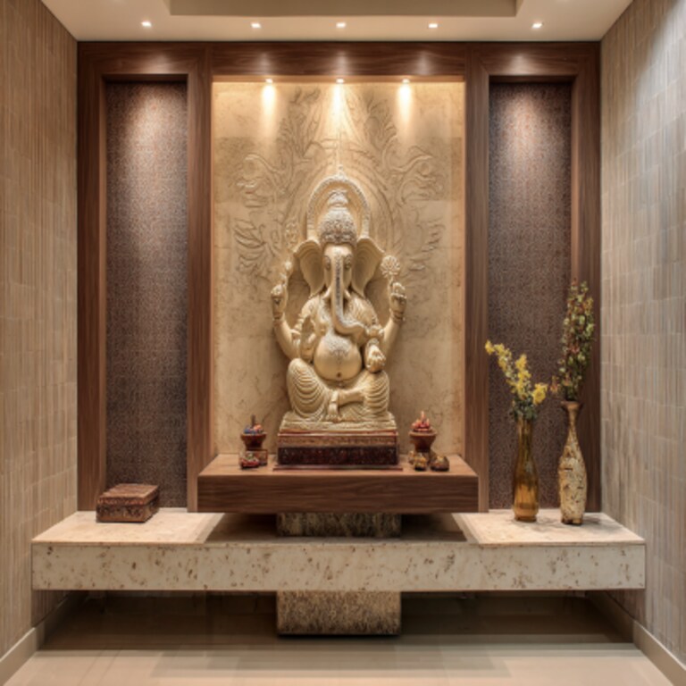 Modern Wall-Mounted Pooja Unit Design with Ganesha Mural