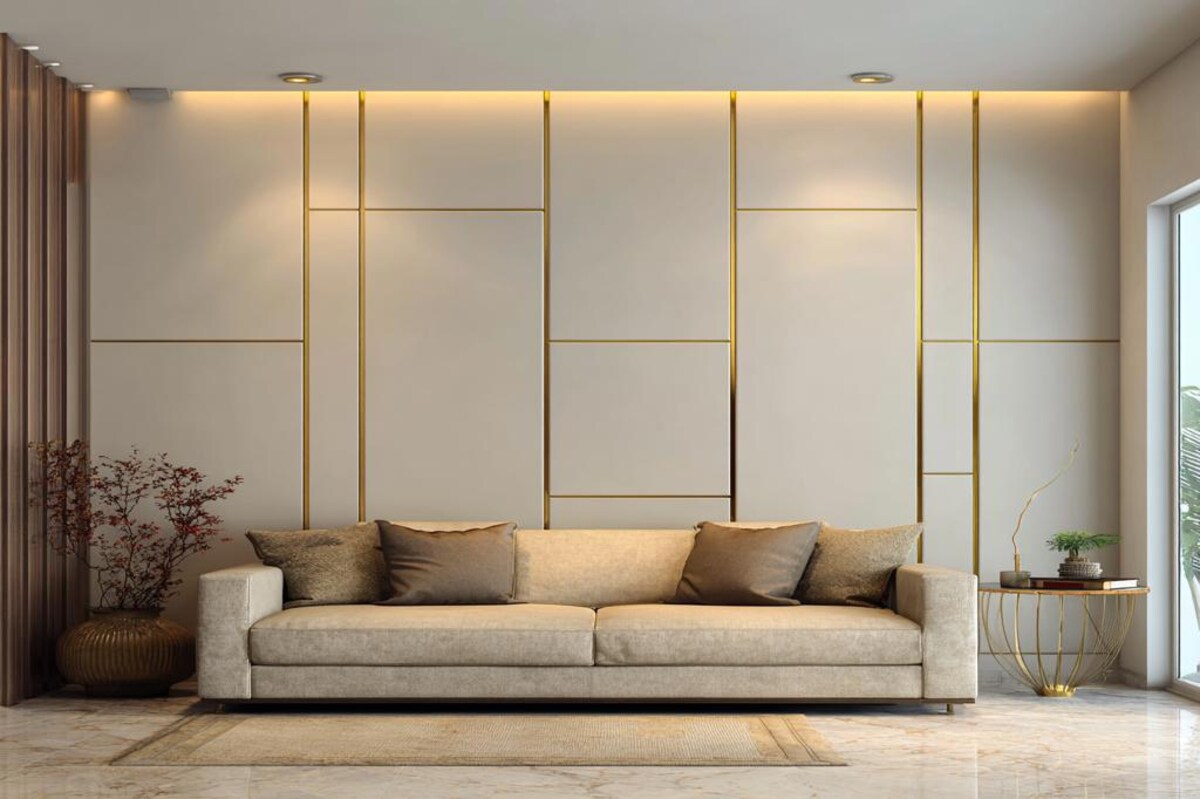 Modern Wall Paneling Wall Design with Golden Strips in Ivory and Gold