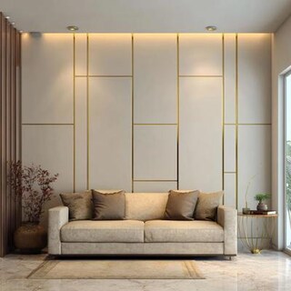 Modern Wall Paneling Wall Design with Golden Strips in Ivory and Gold