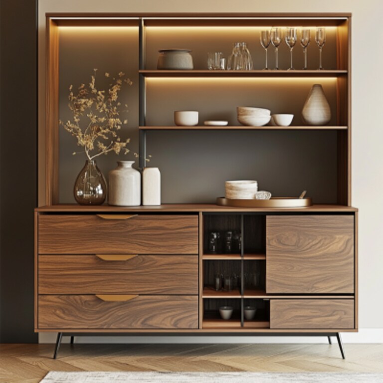Modern Walnut Bronze Crockery Unit Design with Drawers and Shelves Modern Walnut Bronze Crockery Unit Design with Drawers and Shelves