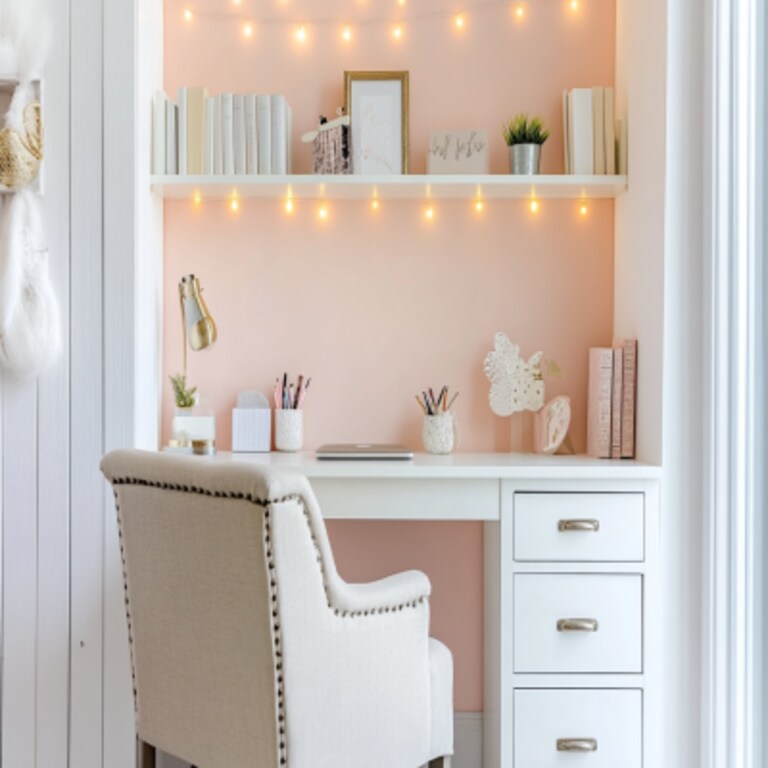 Modern White And Pink Study Room Design With Beige Upholstered Chair Modern White And Pink Study Room Design With Beige Upholstered Chair