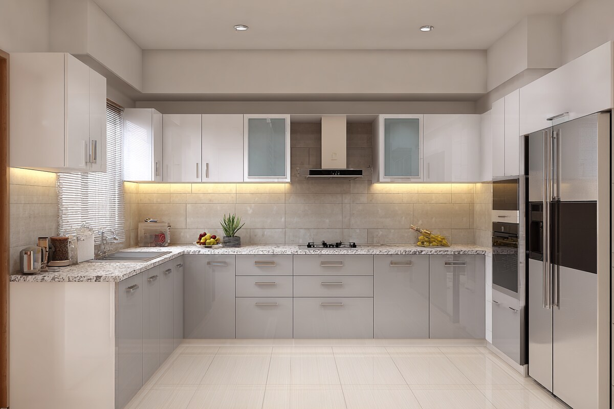 Modern White and Silver L Shape Kitchen Design with Granite Countertop Modern White and Silver L Shape Kitchen Design with Granite Countertop