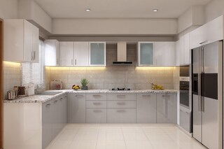 Modern White and Silver L Shape Kitchen Design with Granite Countertop